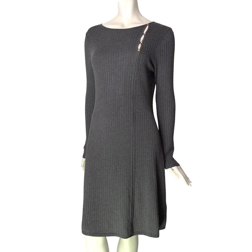 RW & CO Ribbed Knit Grey Sweater Dress Viscose Blend Button Cutout Minimalist L
